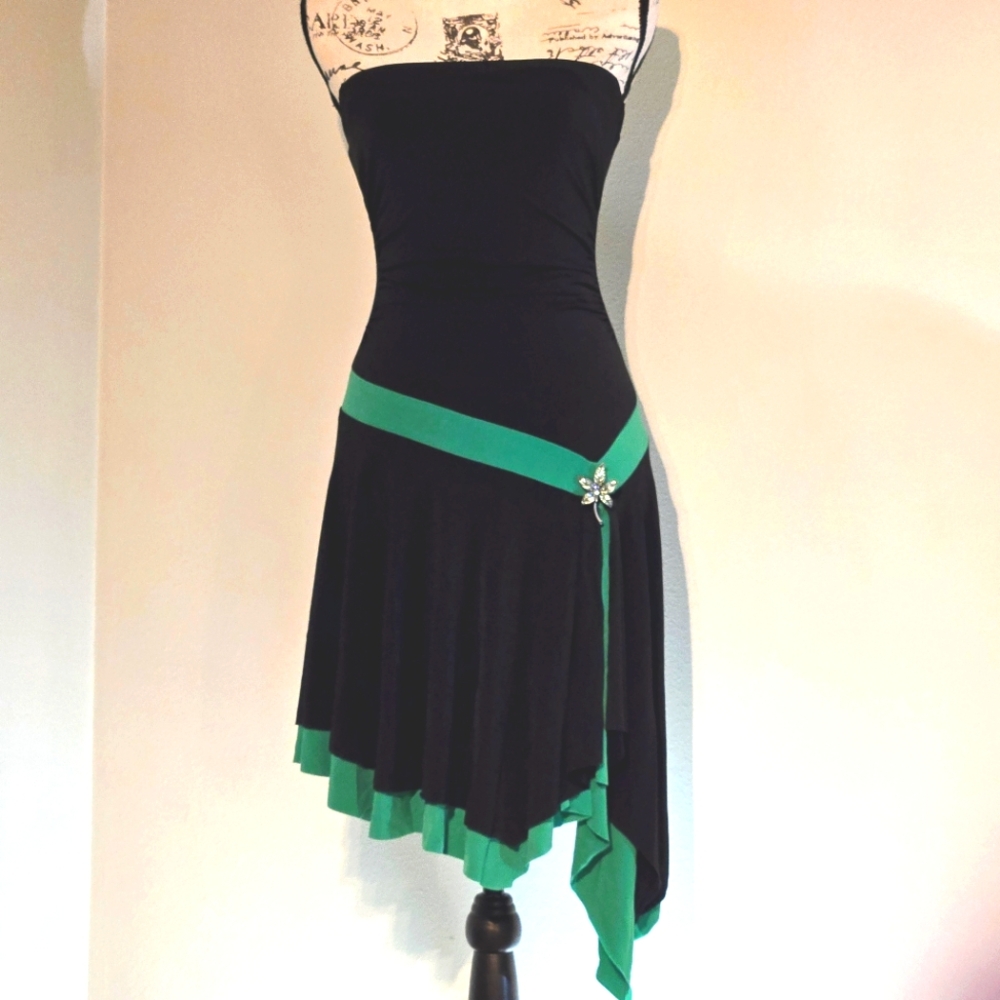 Jodi Kristopher Black Strapless Dress with Green Trim and Brooch